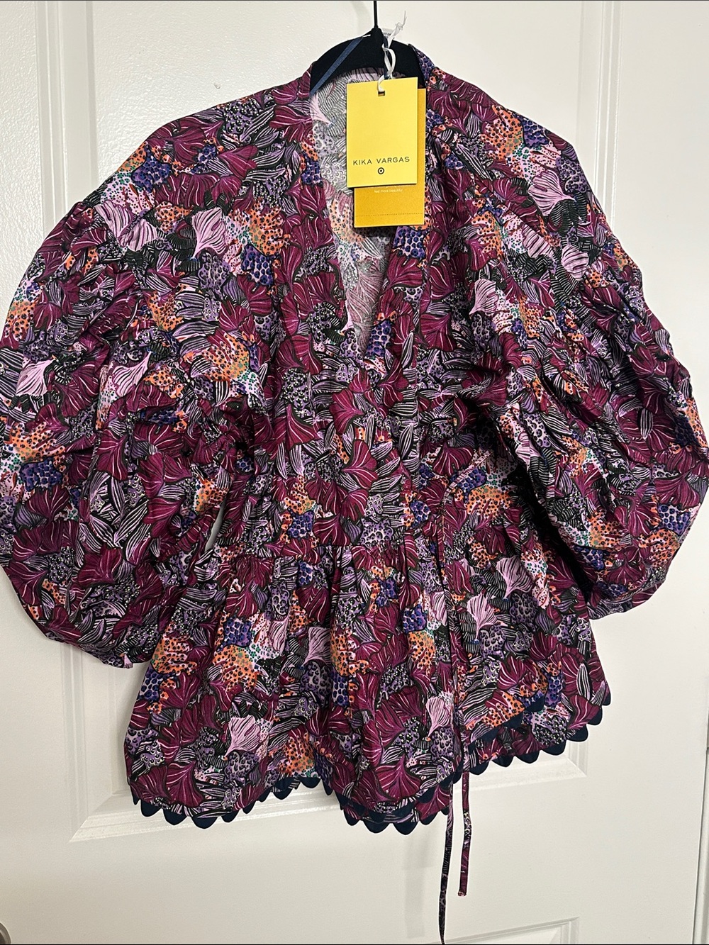 Kika Vargas Girls Floral Burgundy & Pink Puff Sleeve Jacket